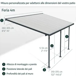 Canopia Olympia Pergola Addossata in Alluminio 3X6.2 m Grigio