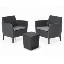 Keter Set 2 Poltrone + Tavolino contenitore con Cuscini SALEMO BALCONY Grafite